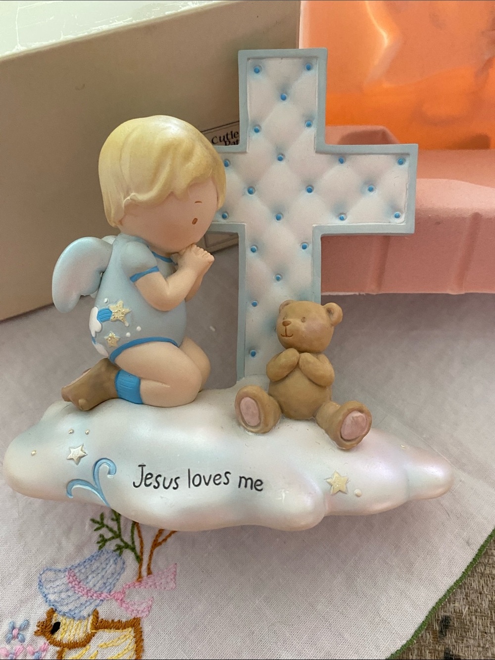 Cutie Patootie Blue Angel Figurine with Teddy and Cross “ Jesus loves me”